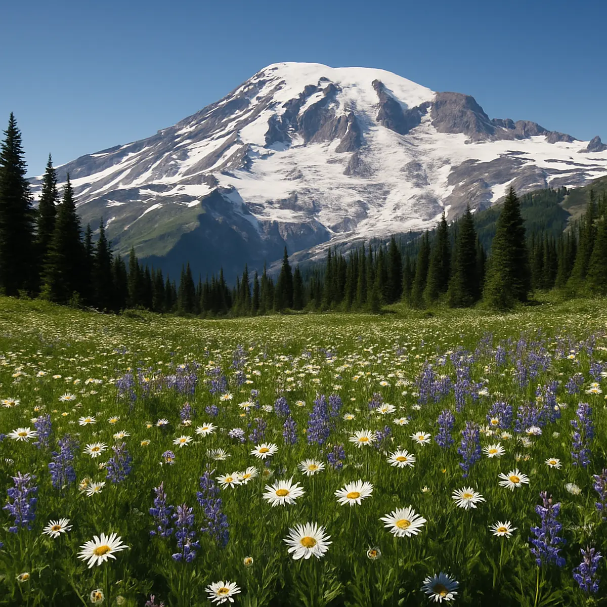 Prairie alpine fleurie avec un sommet enneigé au loin