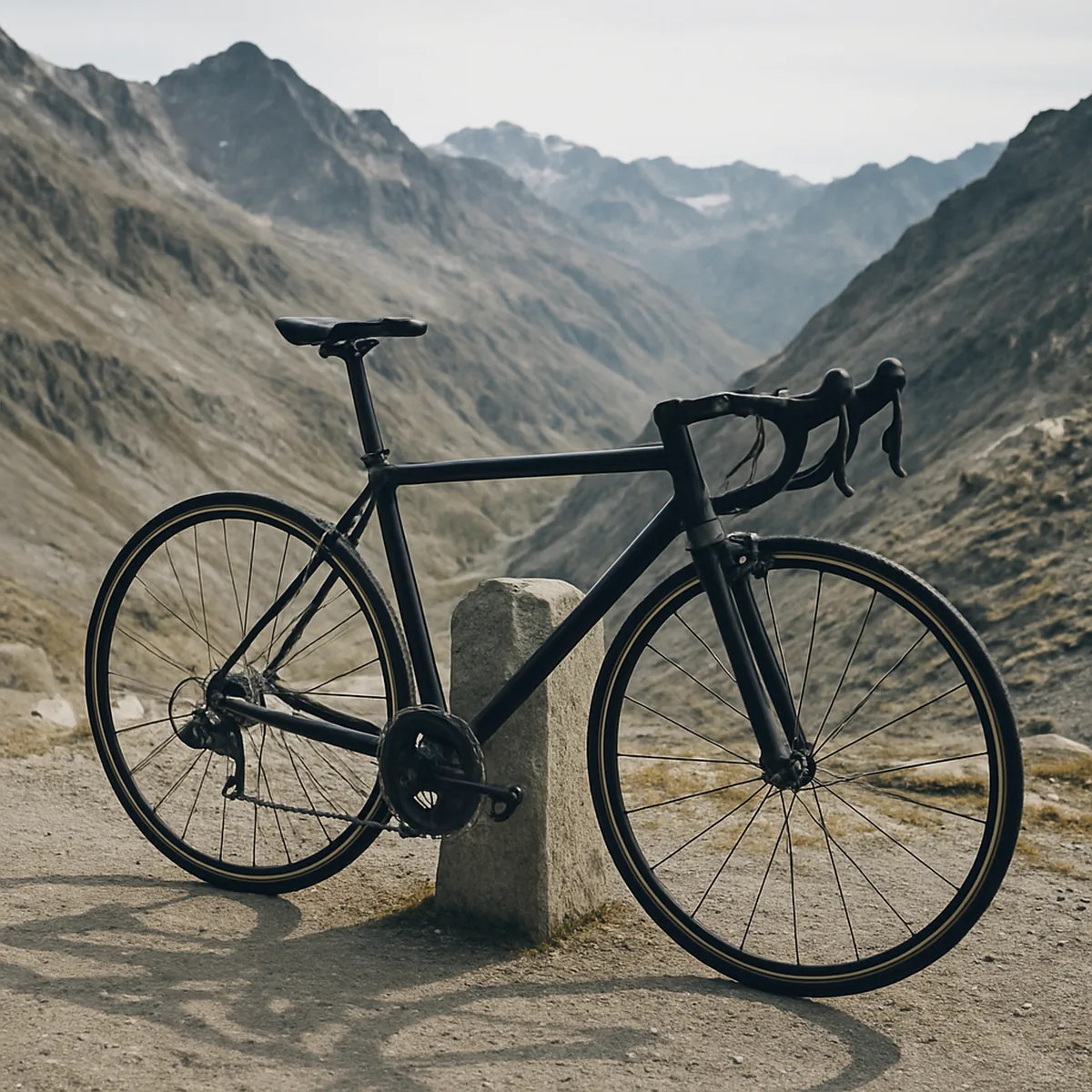 Vélo de route appuyé contre une borne en pierre à un col de montagne